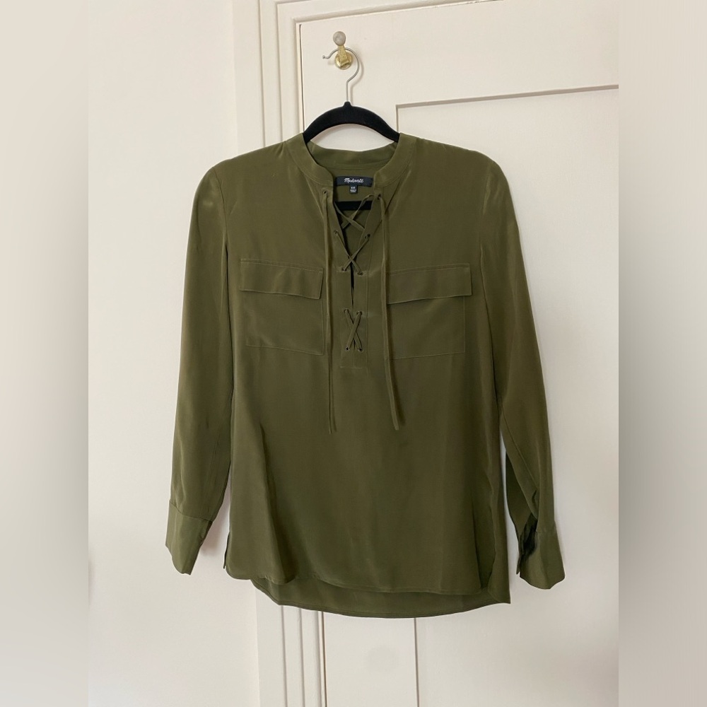 Madewell || Olive Green Lace-Up Silk Top || Size XXS